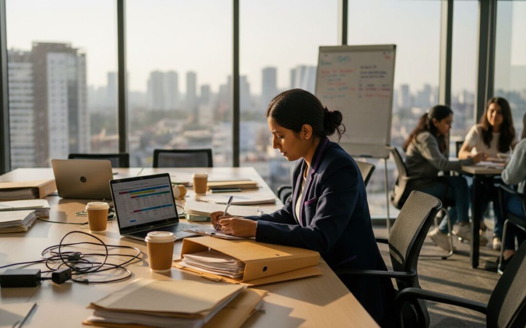 Woman planning event at cluttered conference table