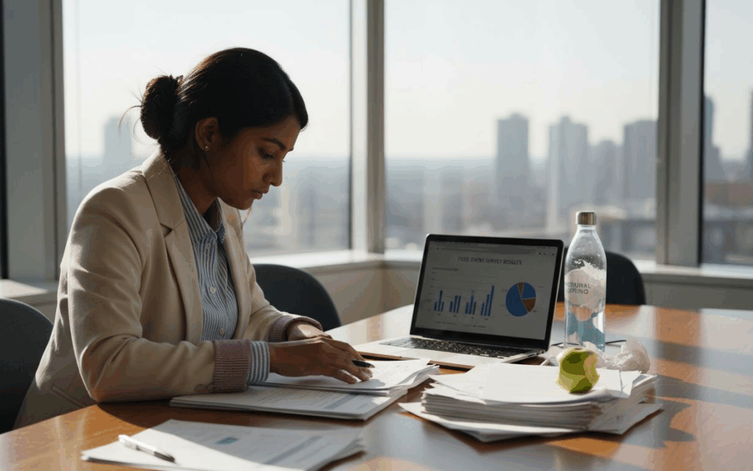 Event manager reviewing feedback forms on desk