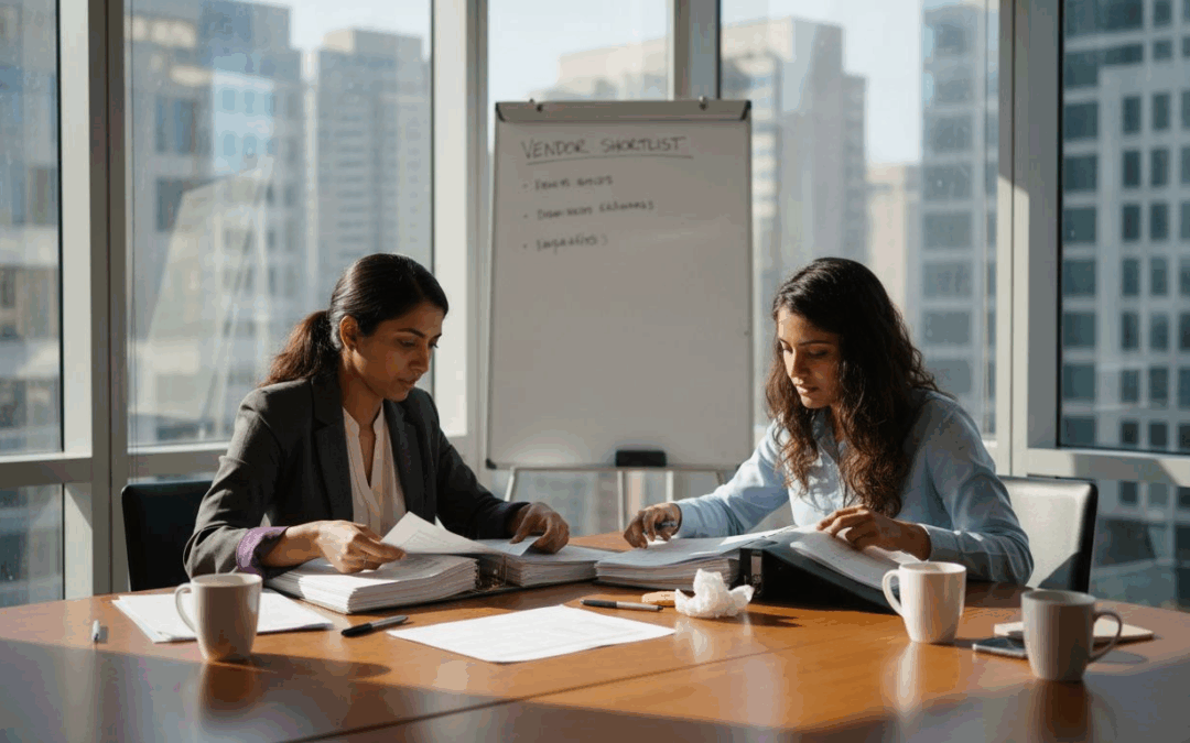 Event managers reviewing vendor contract paperwork