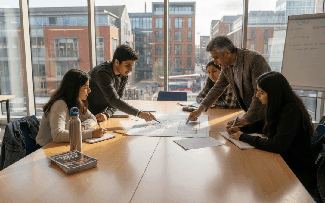 Students and instructor discuss event planning in classroom