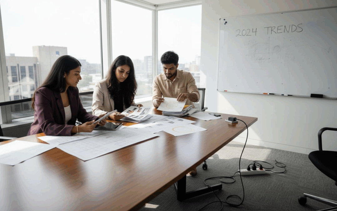 Event professionals reviewing media trends office