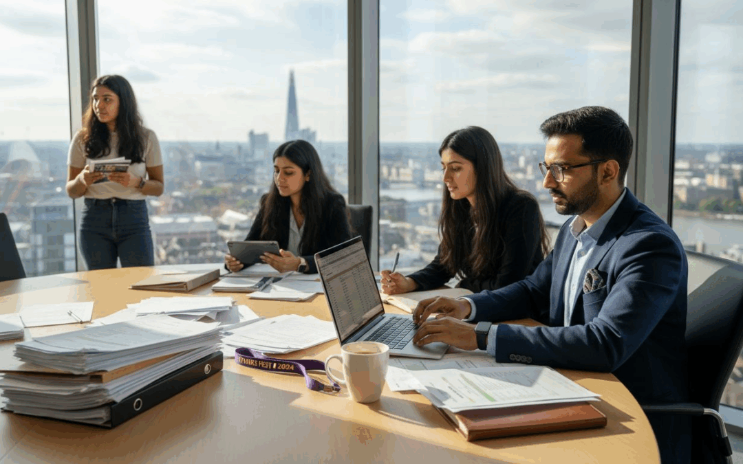Event manager reviewing data in office