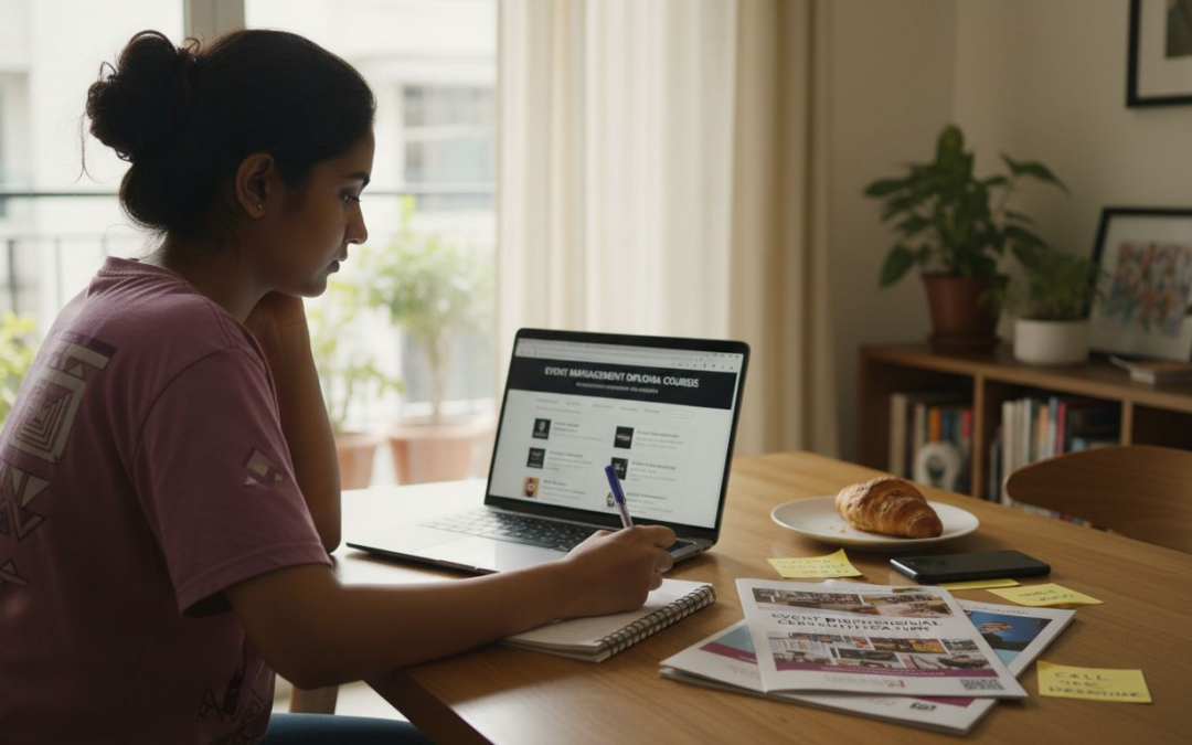 Student researching event management courses at home