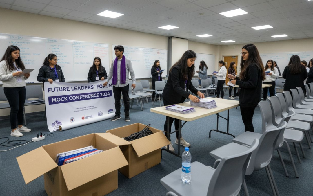 Students preparing for class event in hall