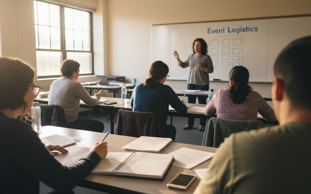 Adult students taking notes in event planning class