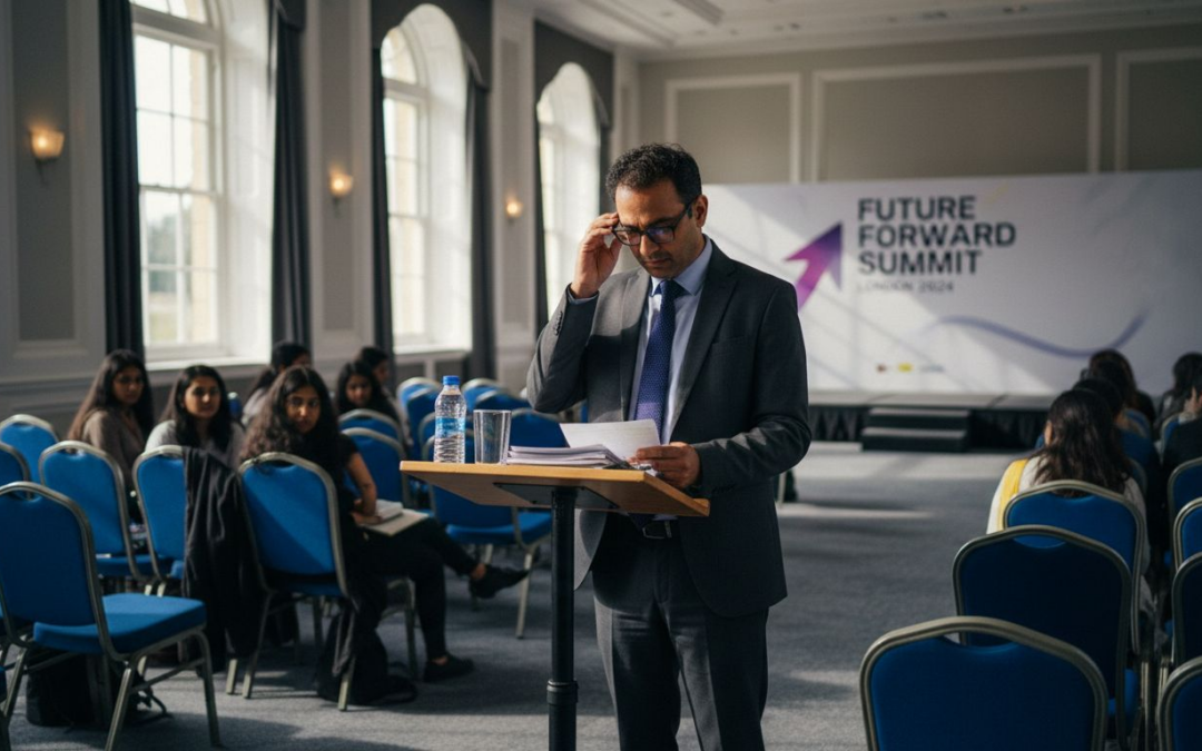 Event manager prepping at podium