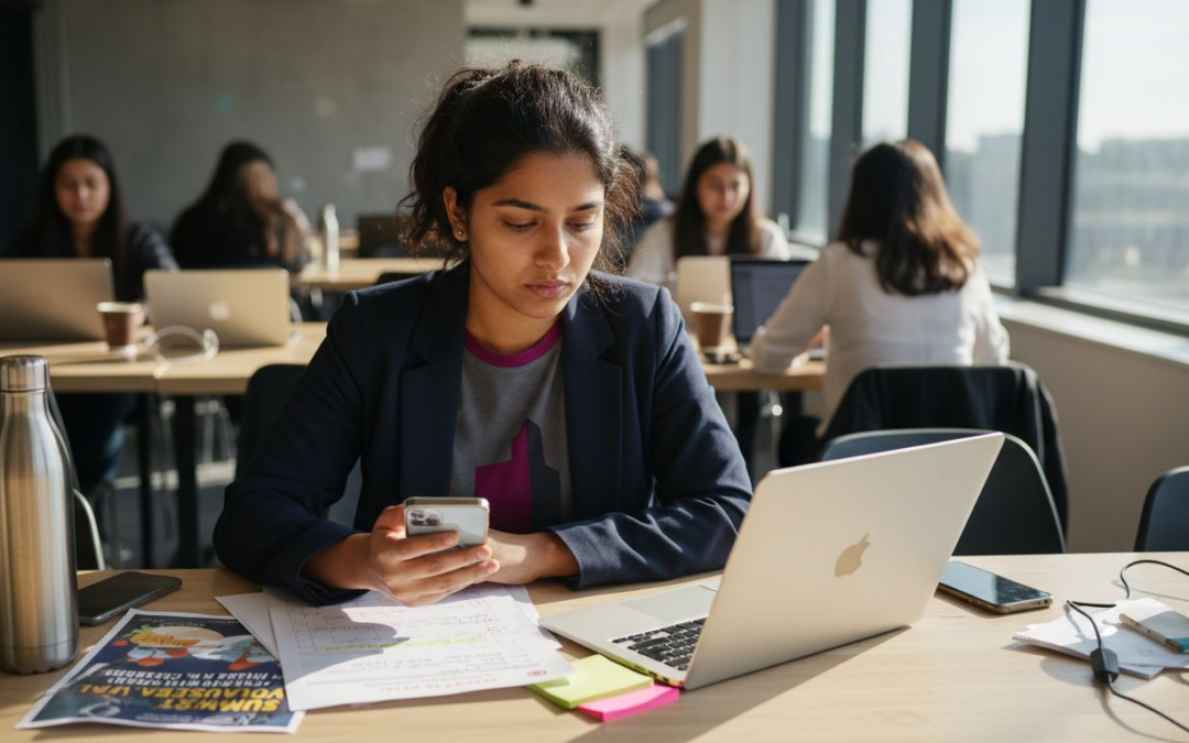 Part-time event manager multitasking at busy table