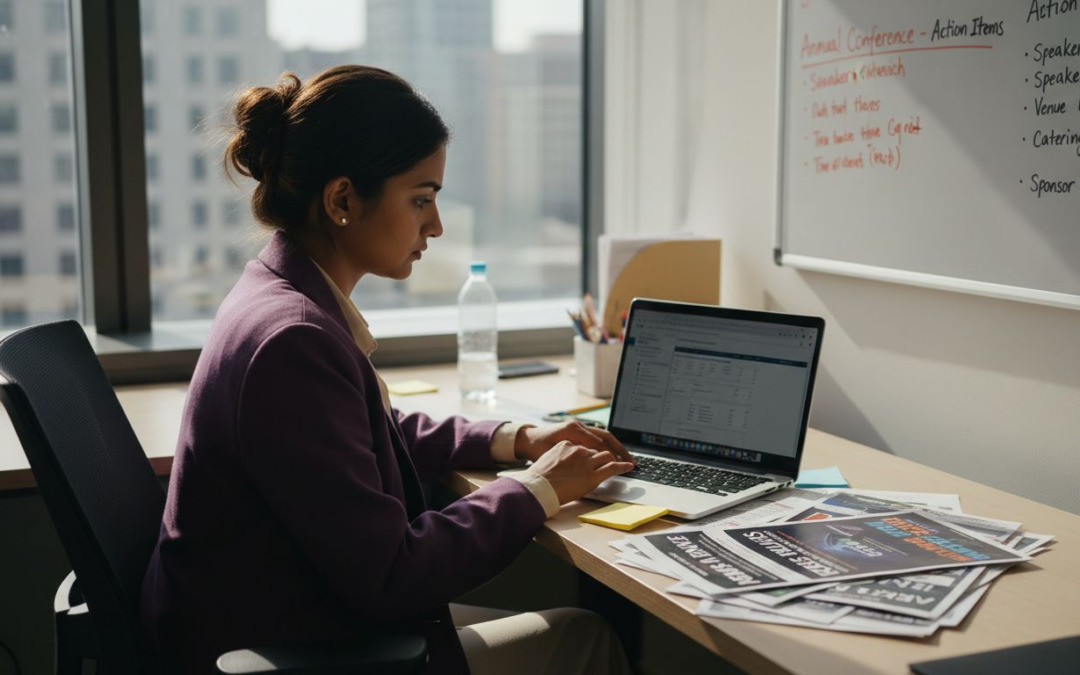 Event manager at cluttered office desk