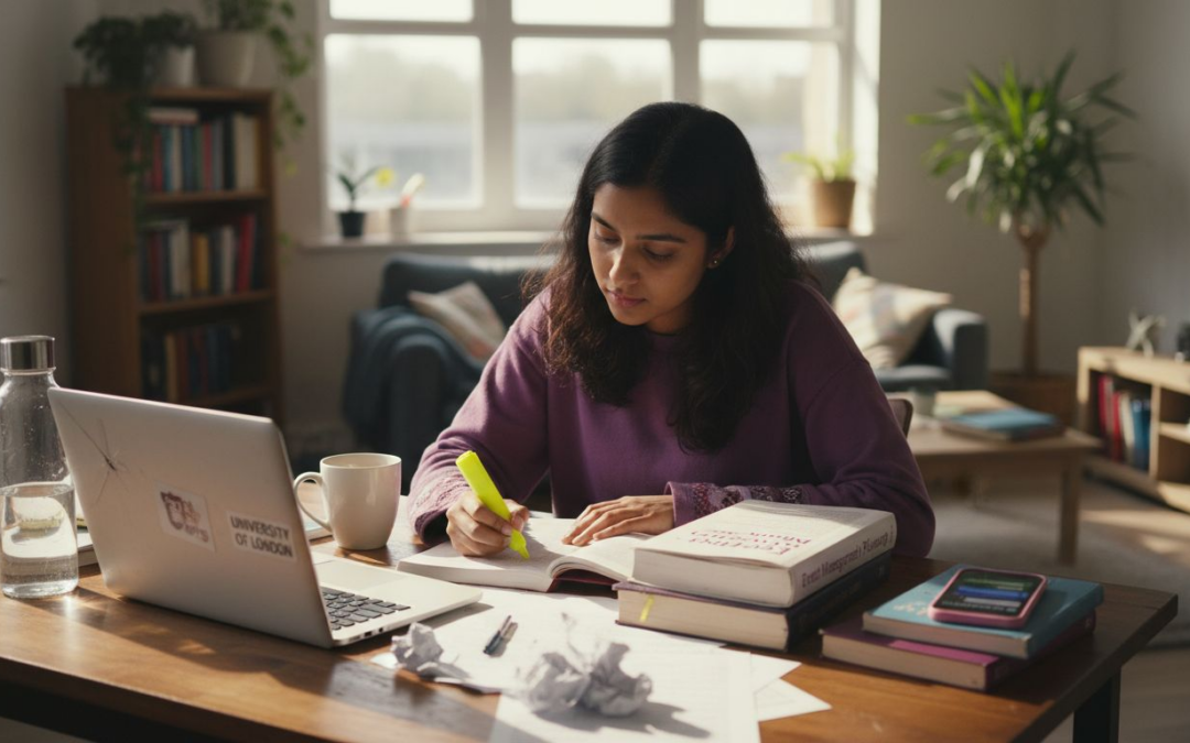 Event management student studying at cluttered desk