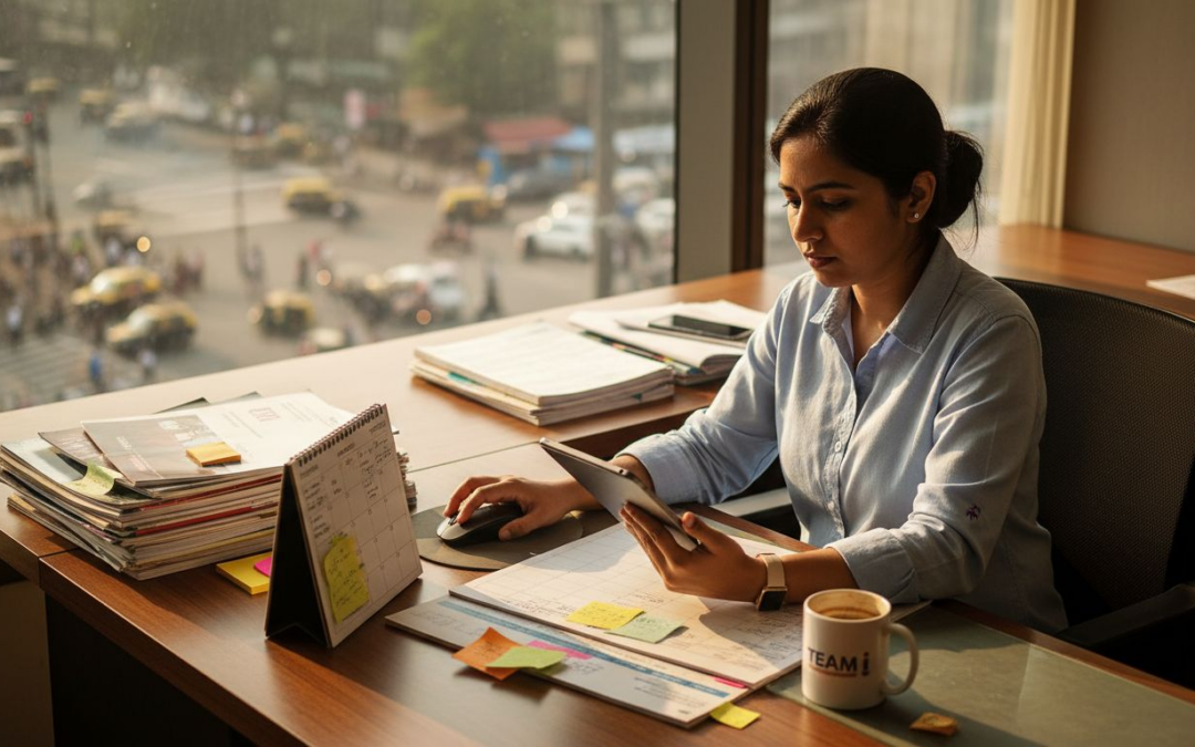 Event manager reviewing checklist in office