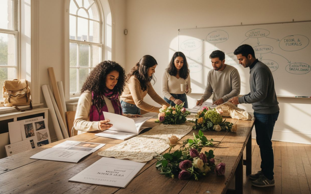 Students review wedding course materials classroom scene
