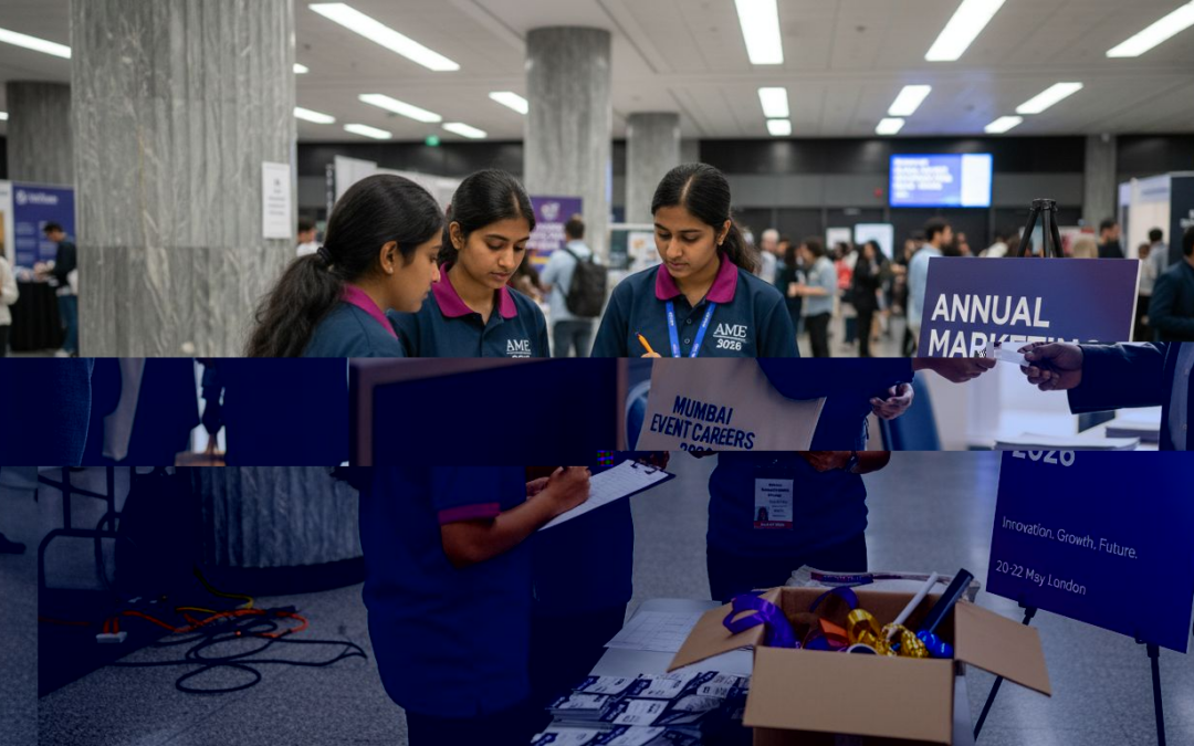Event coordinators reviewing plans in conference hall