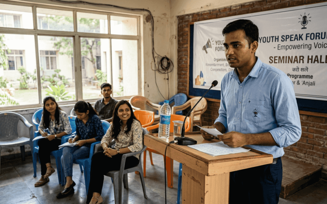 Beginner giving speech in Indian seminar hall