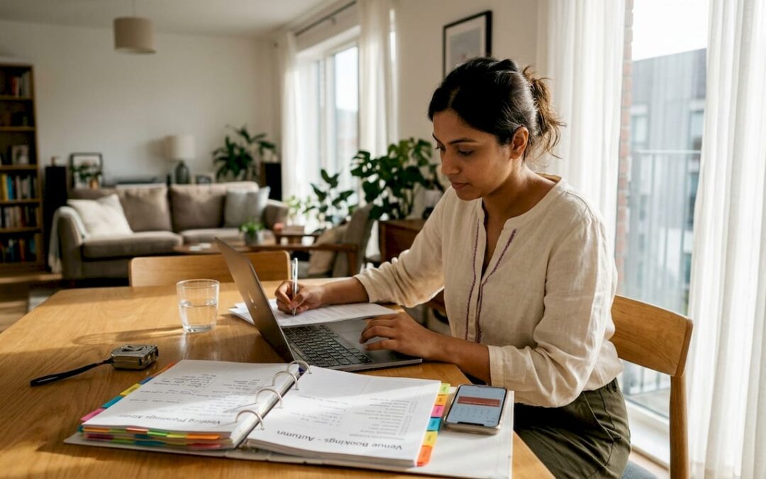 Wedding planner studies certification materials at home table