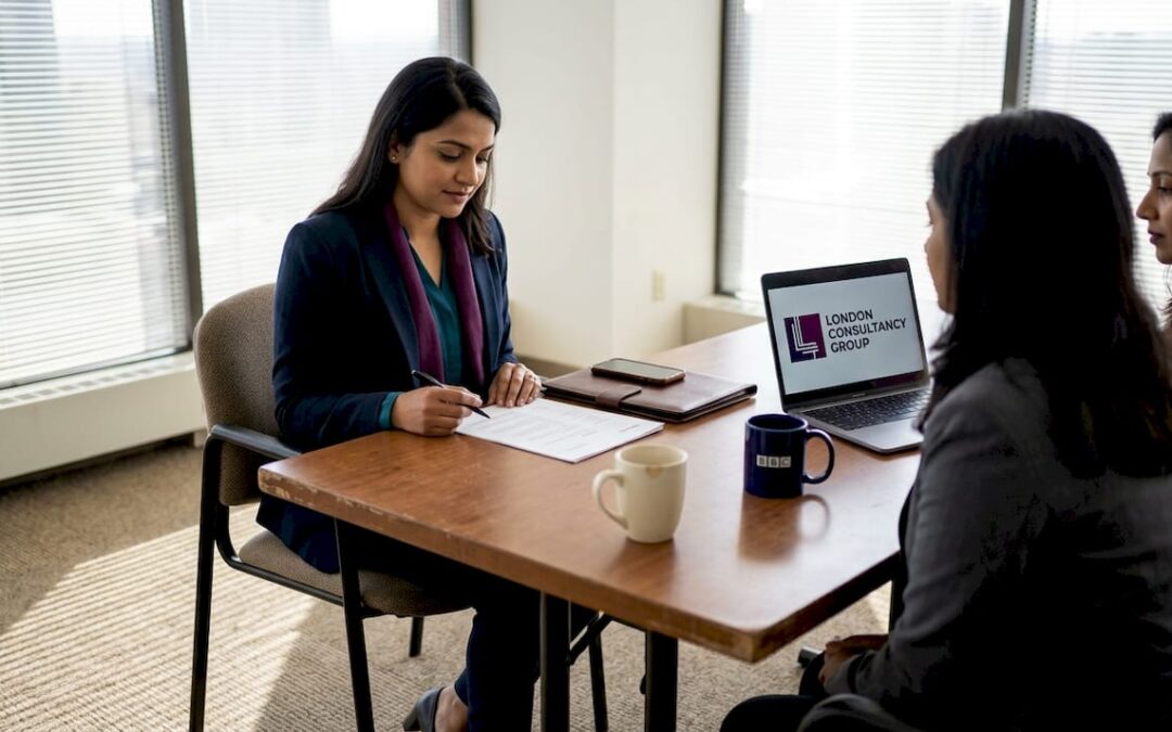 Event manager in interview room facing interviewers