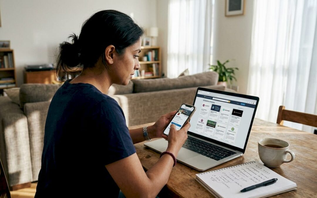 Woman comparing business directories on laptop and phone