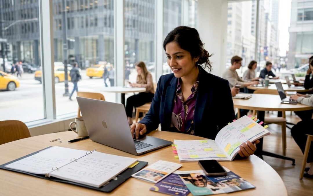 Event planner working at Chicago co-working table