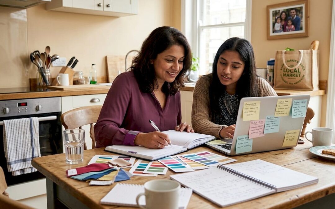 Wedding planners reviewing wedding timeline at kitchen table