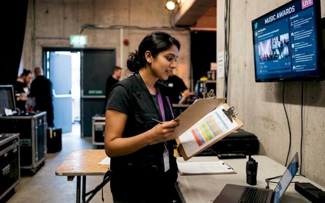 Event manager multitasking at live awards venue