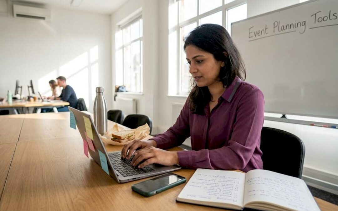Event manager comparing platforms at busy workspace