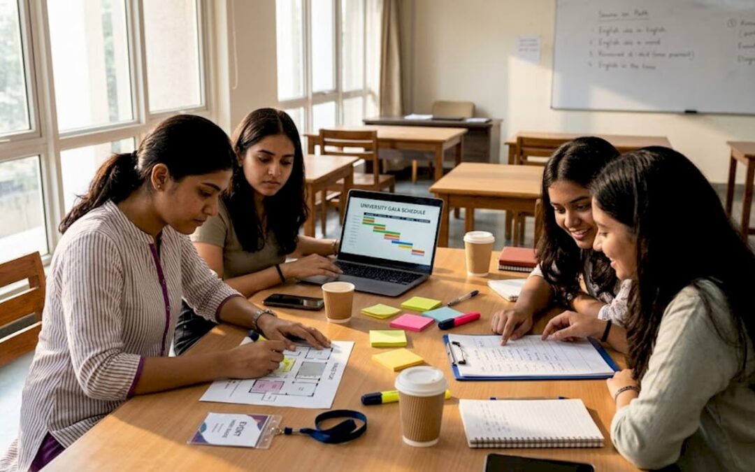 Students planning event together at classroom table