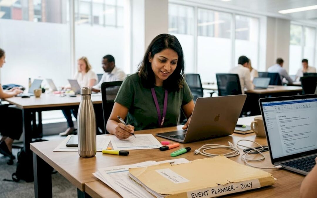 Event manager planning at shared office table