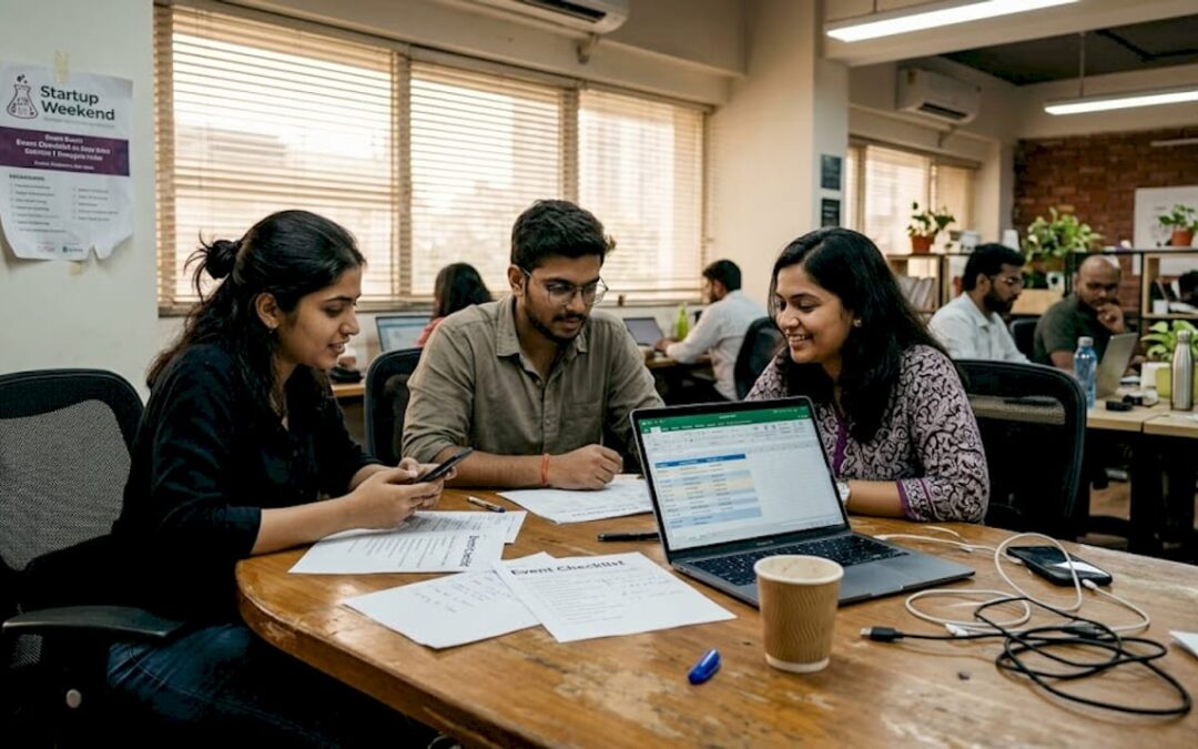 Team planning media event in coworking space