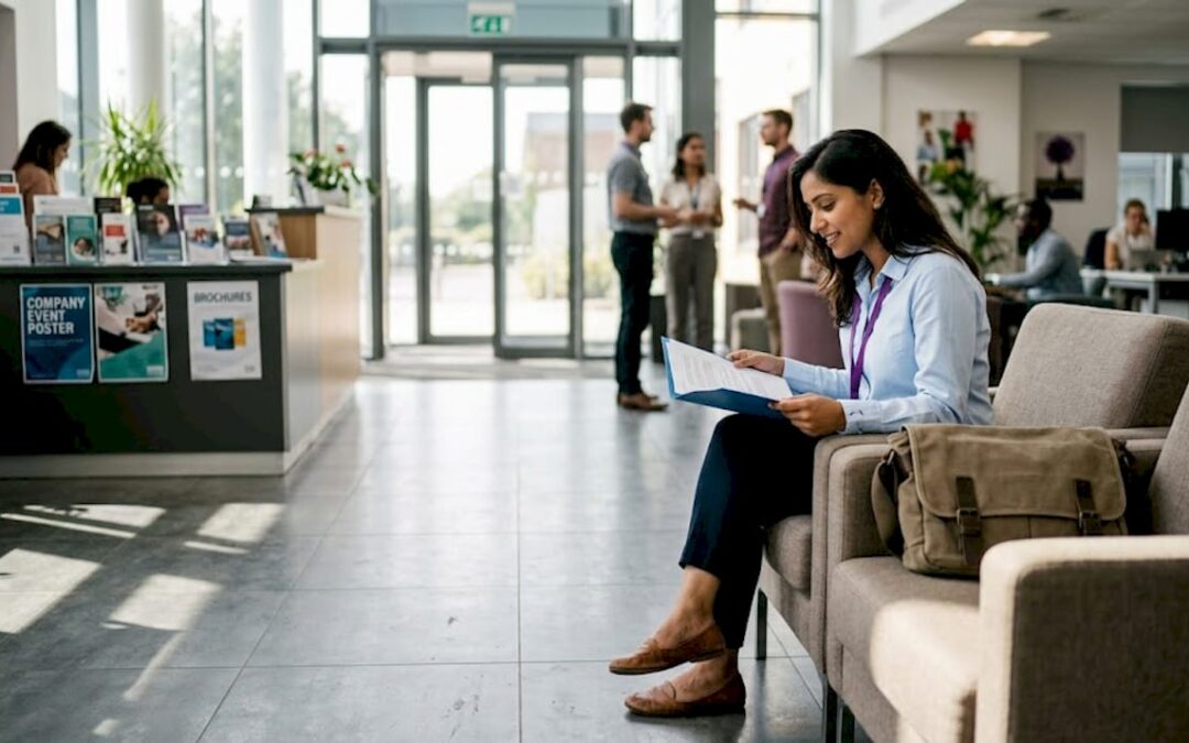 Candidate reviews notes in busy event office lobby