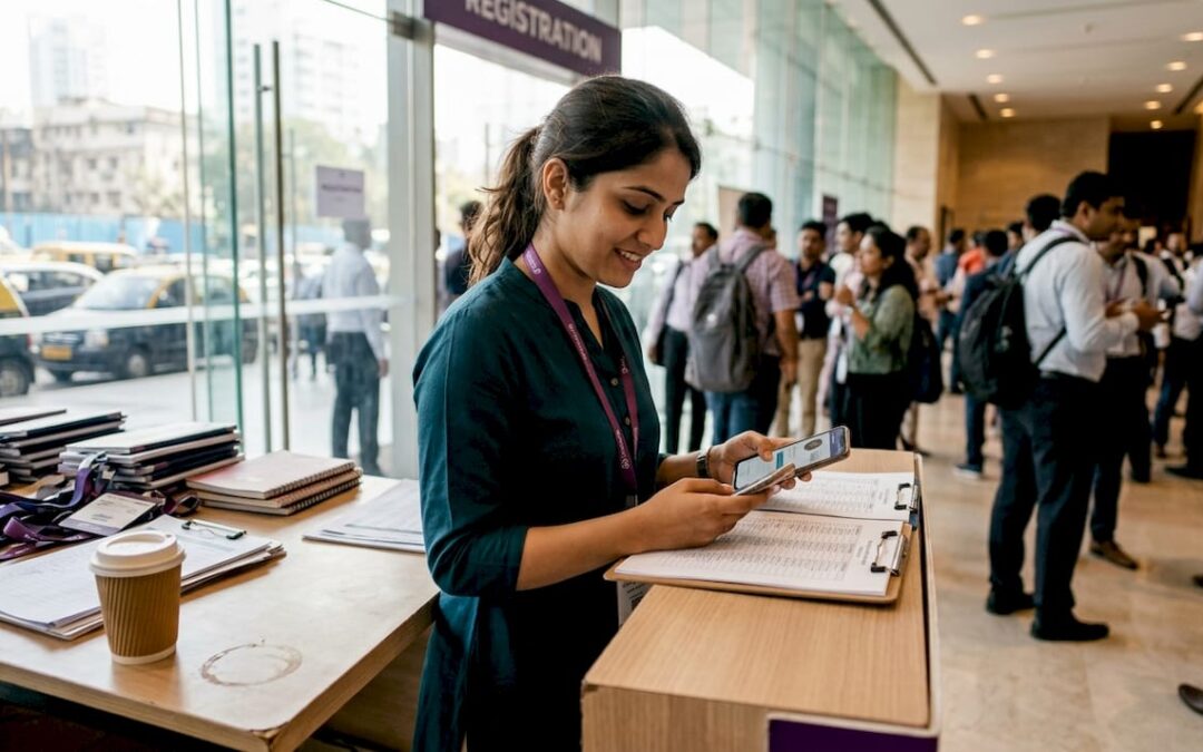 Event professional checking list at busy conference