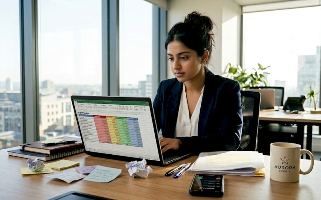 Event manager reviewing budget workspace scene