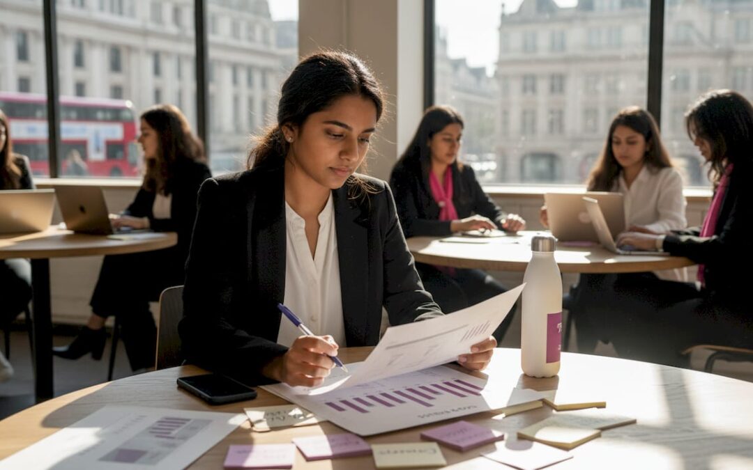 Event manager reviewing career ladder chart