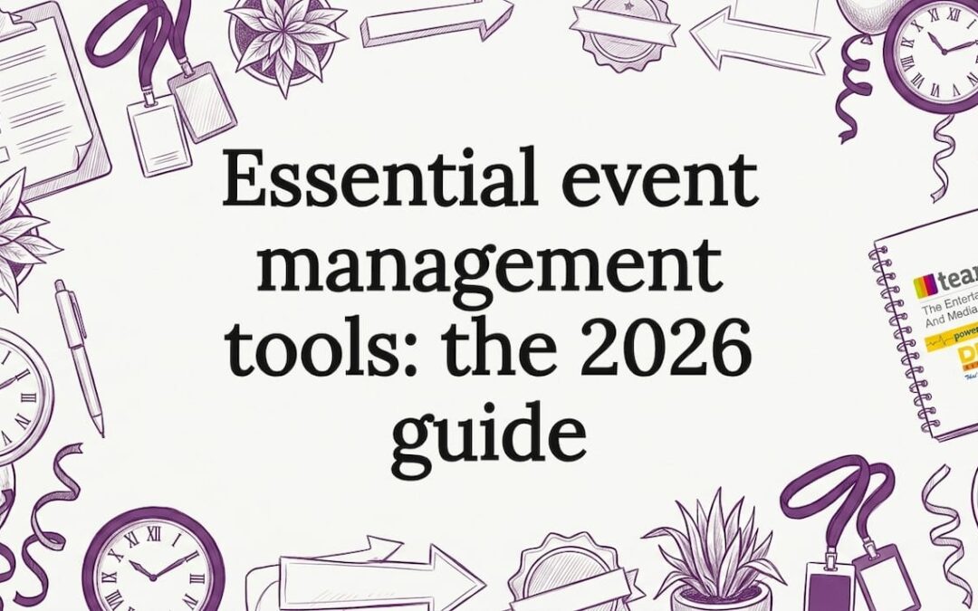 Decorative event management tool illustrations framing title card