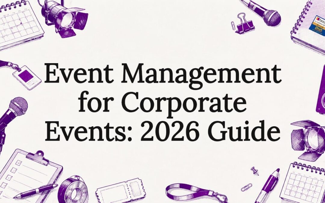 Decorative illustrated title card with event management icons
