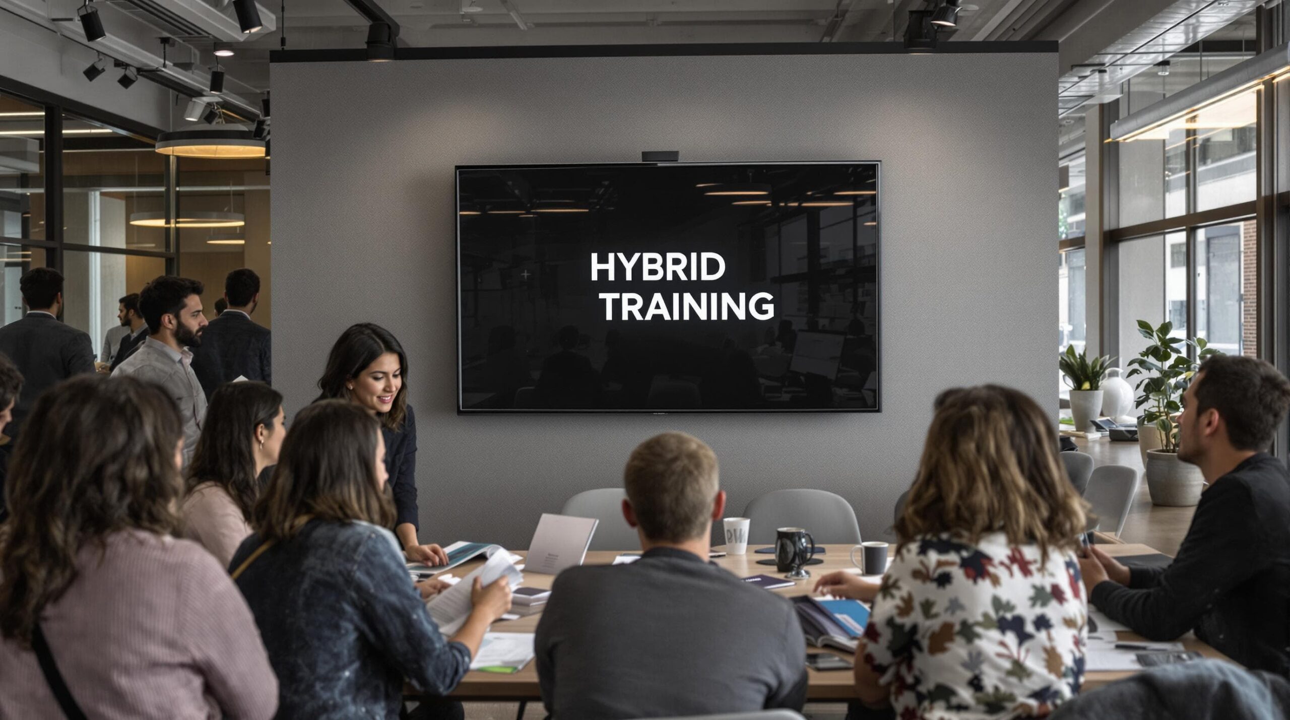 Professionals collaborating in-person and online in a hybrid event training environment