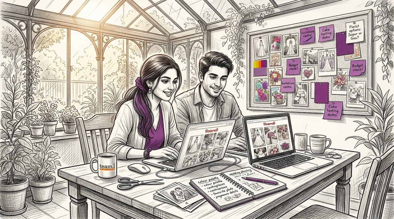 Couple creating a wedding vision board together