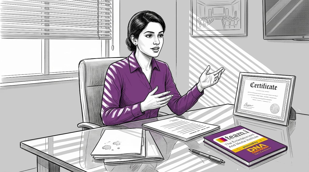 Event manager discusses certificate at desk