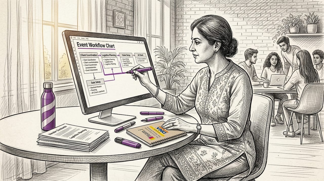 Event manager reviews workflow chart in office