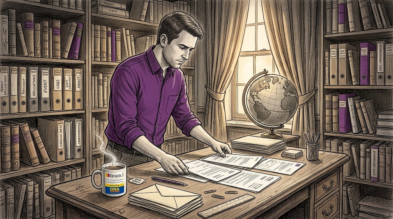 Event manager sorting paperwork at government office counter