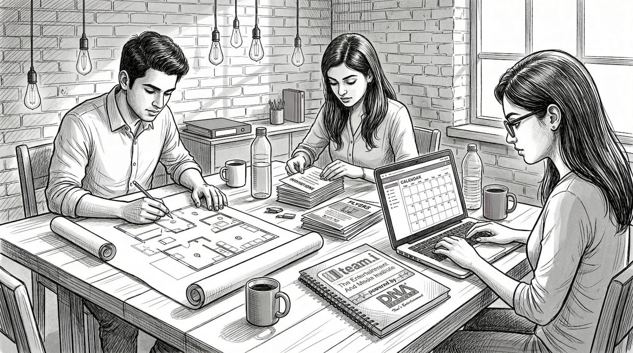 Event planners collaborate in studio workspace