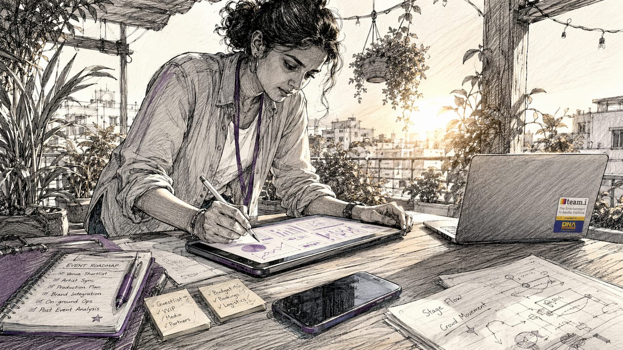 Event producer using tablet in modern office