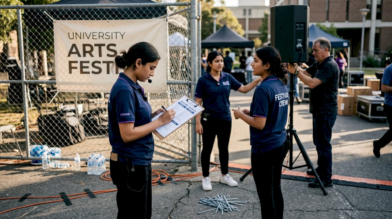 Event staff managing crowd and logistics outdoors