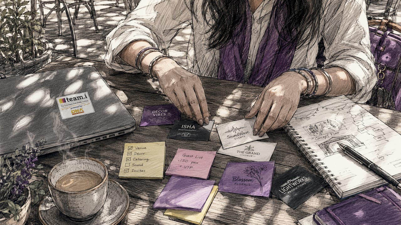 Hands organizing event planning materials