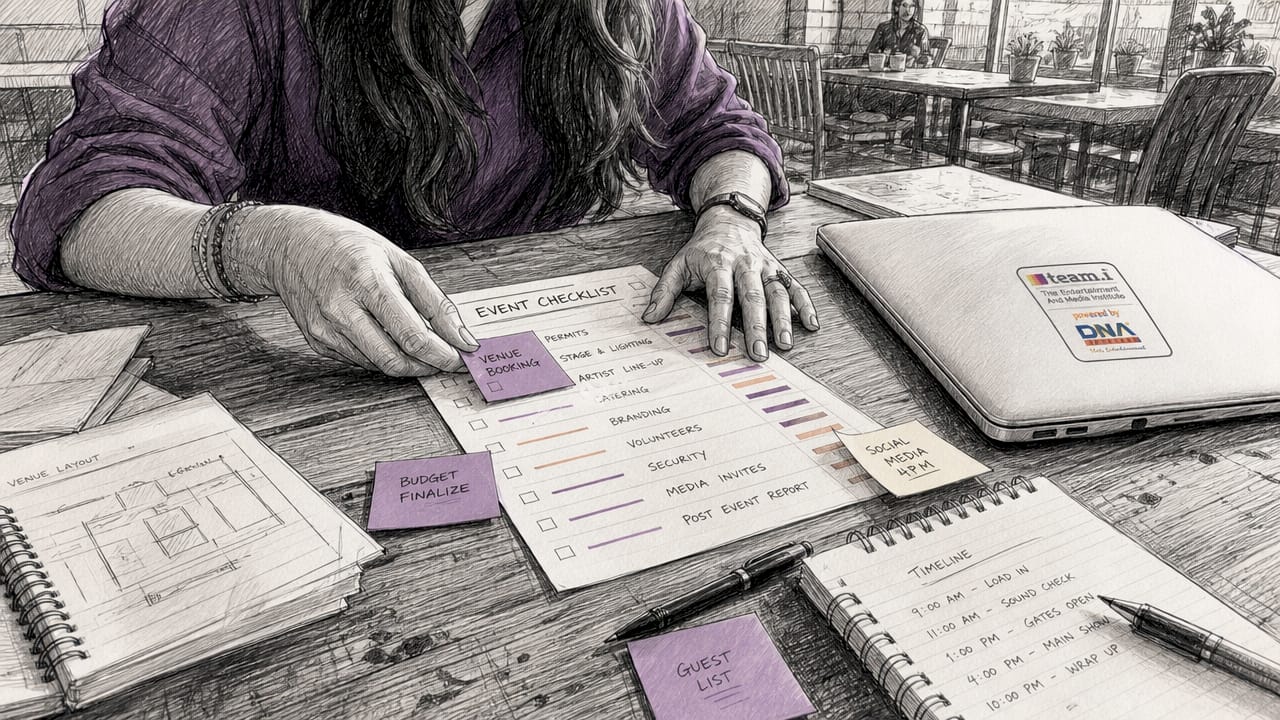 Hands organizing event planning materials on table