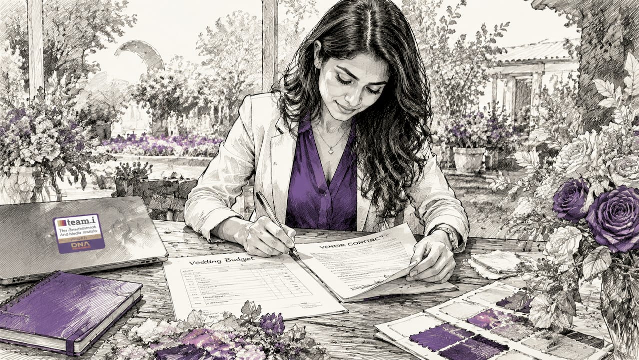 Hands reviewing wedding planner contract at desk