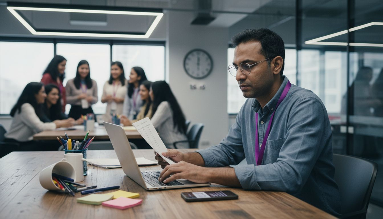 Man personalizing event emails at workspace table