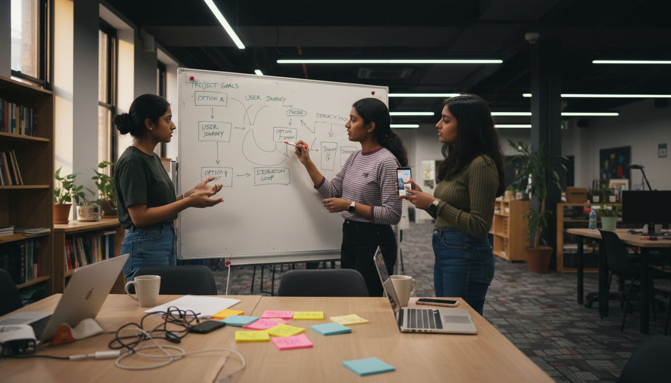 Team members discussing at whiteboard