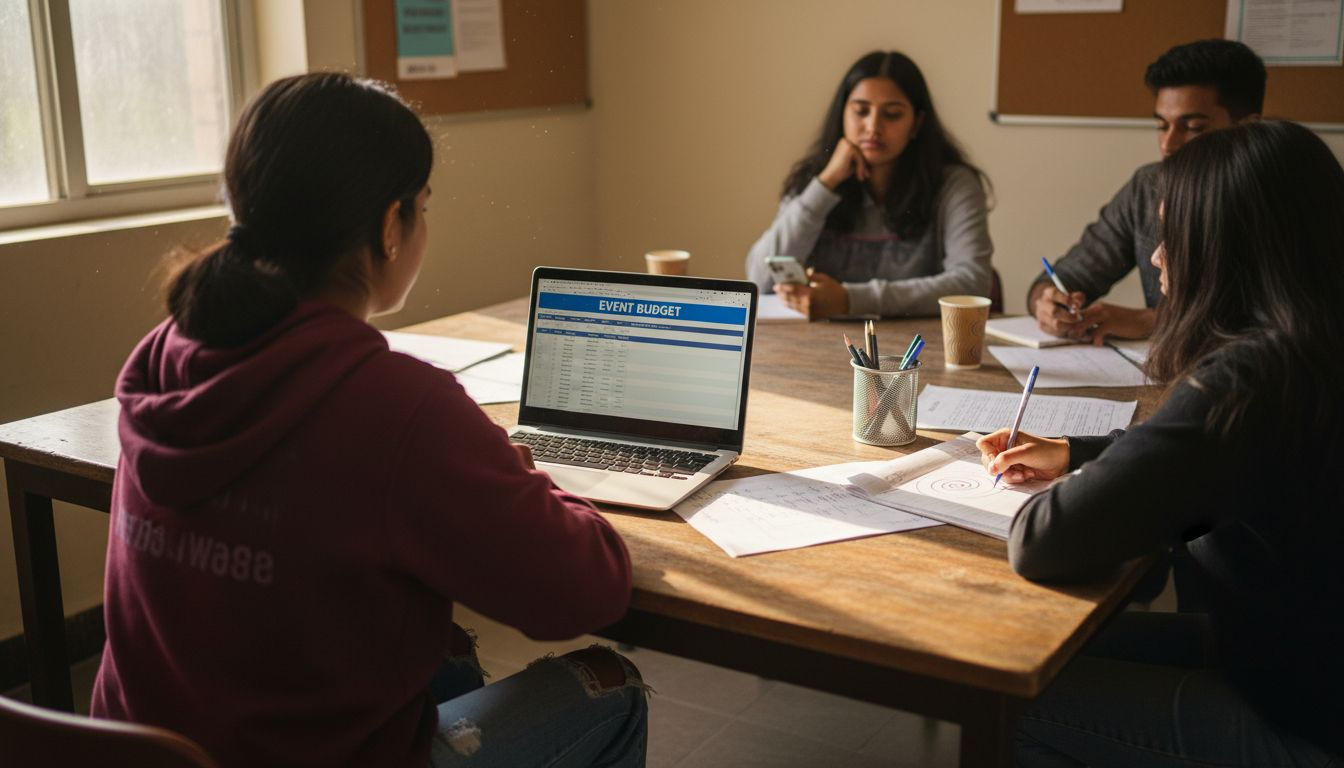 Students discuss event budget in meeting room