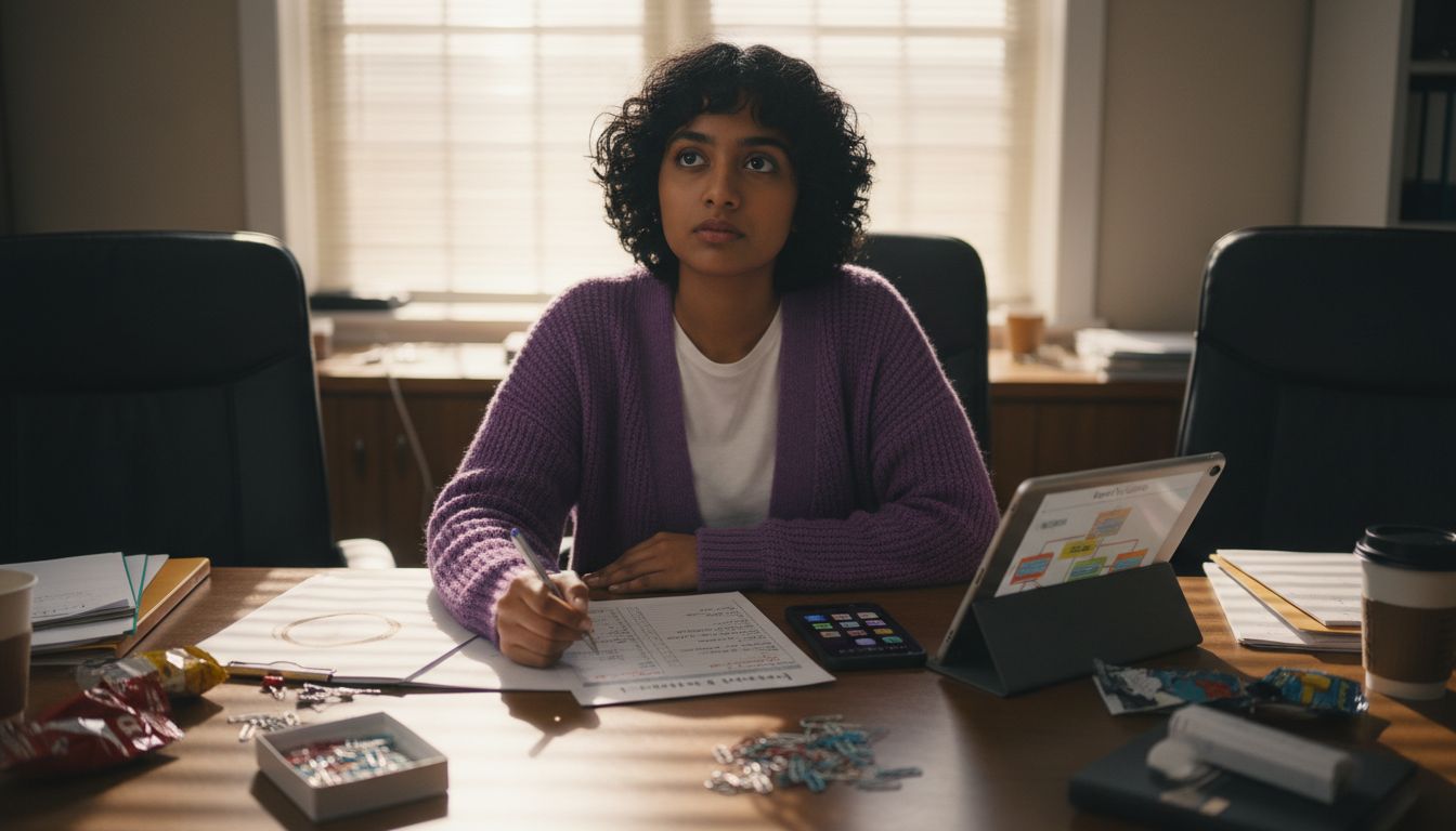 Event planner checks event plan in conference room