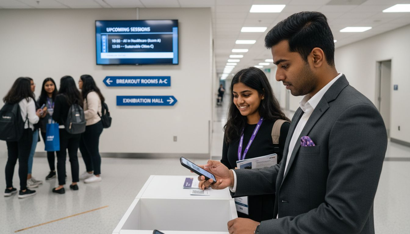 Event manager uses QR scanner at event check-in