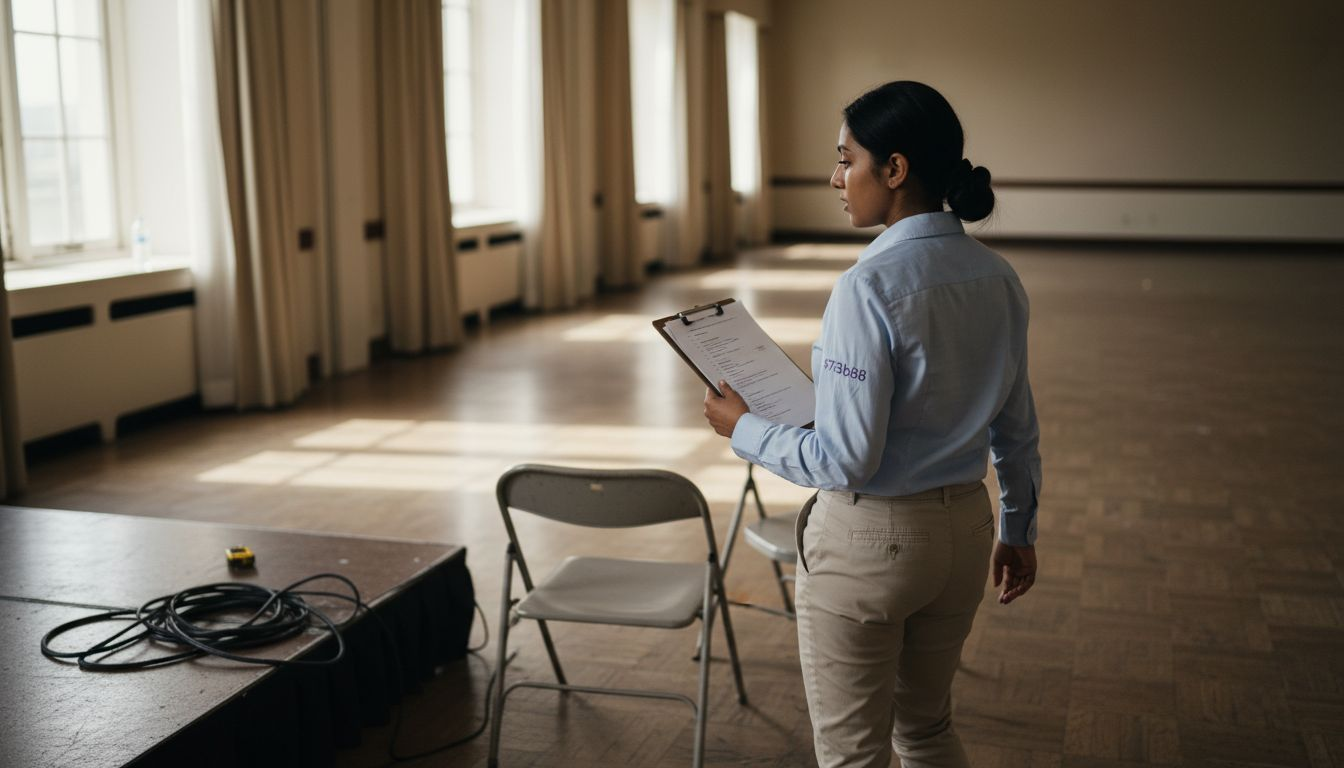 Venue manager inspecting event logistics setup